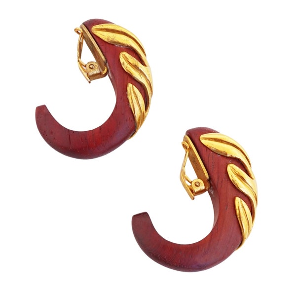 Gilt Leaves Over Red Wood Half Hoop Statement Earrings By Isabel Canovas, 1980s