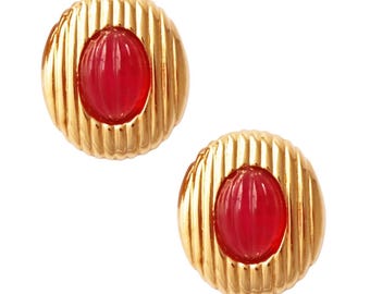 Ribbed Gold and Ruby Glass Earrings By Valentino, 1980s