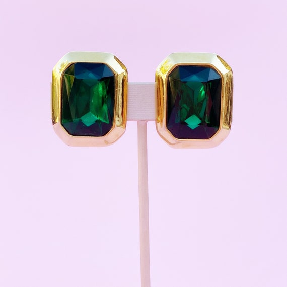 Vintage Gilt & Emerald Crystal Statement Earrings… - image 3