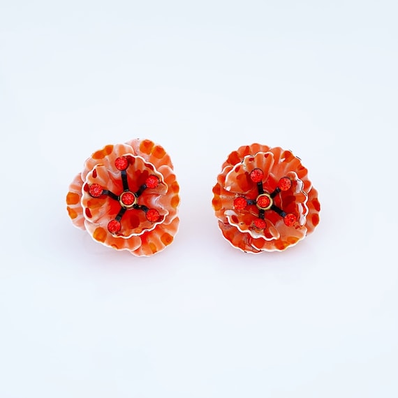 Tangerine Orange Enamel Flower Figural Earrings, … - image 2