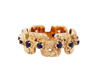 18k Gold Textured Modernist Ring With Sapphires (Size 5.5), 1970s