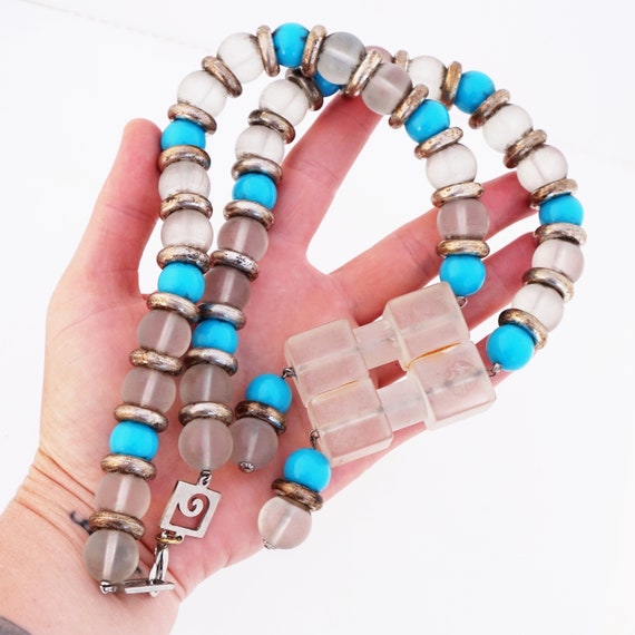 Frosted Lucite & Turquoise Beaded Statement Neckl… - image 5