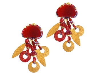 Red Glass & Brass Beaded Dangle Earrings By Chipita, 1980s