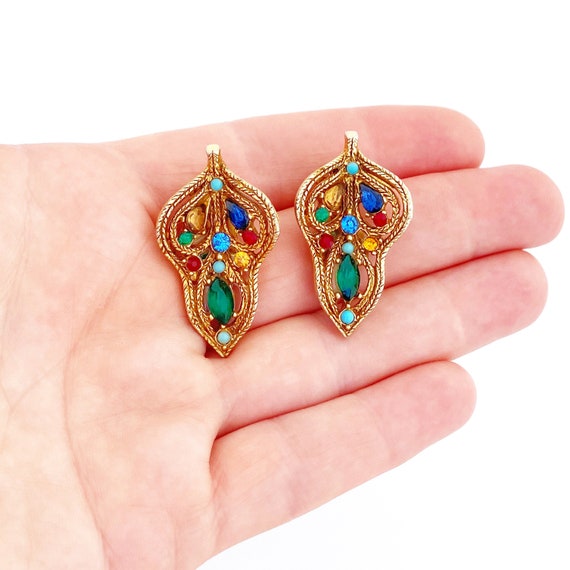 Braided Filigree Jewel Tone Rhinestone Leaf Earri… - image 6