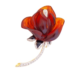 Tortoise Lucite Rose Brooch with Crystal Accents By Kenneth Jay Lane, 1980s