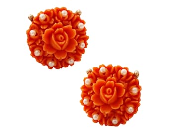 Brincos de rosa e pérola para celulite coral falso, década de 1950