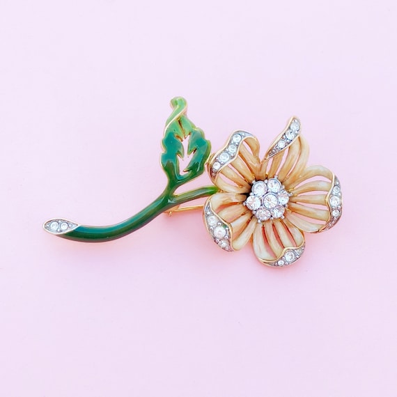 Vintage Enameled Peach Flower Figural Brooch with… - image 2