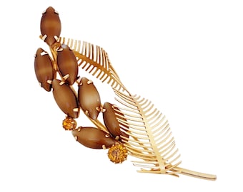 Brown Art Glass & Topaz Crystal Abstract Branch Brooch, années 1960