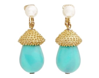 Gold & Turquoise Dangle Statement Earrings With Faux Pearl By Coro, 1970s