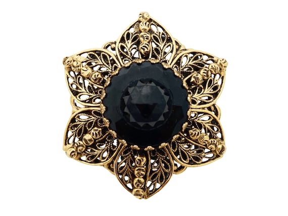 Gold Filigree Floral Brooch with Onyx Accent By F… - image 1