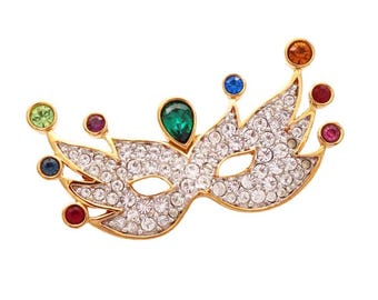 Swarovski Crystal Pavé Mardi Gras Mask Brooch By Swarovski, 1990s