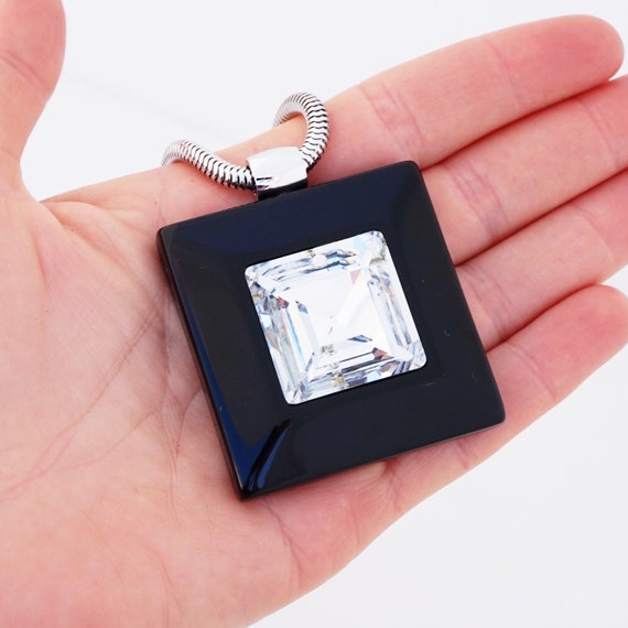 Black Resin Square Pendant Necklace With Faceted … - image 6