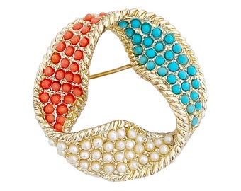 Coral, Turquoise & Pearl Cabochon Brooch By Dodds, 1950s