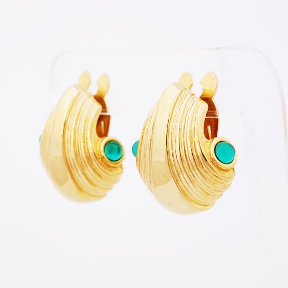 Gold Statement Earrings With Emerald Glass Caboch… - image 5