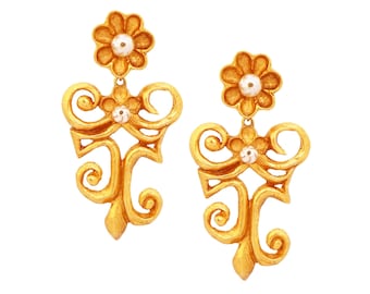 Massive Runway Abstract Scroll Drop Statement Earrings With Pearl Details By Christian Lacroix, 1990s