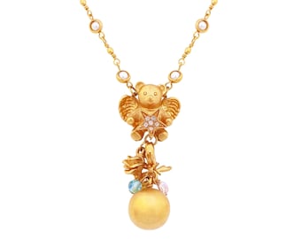 Gilded Angel Teddy Bear Pendant Necklace With Bell Dangle By Kirks Folly, 1980s
