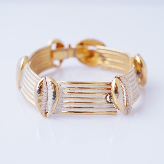 Gilt & White Enamel Seashell Link Bracelet By Fre… - image 2