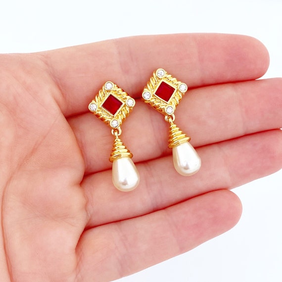 Pearl Drop Earrings With Ruby Red Crystals By Swa… - image 4