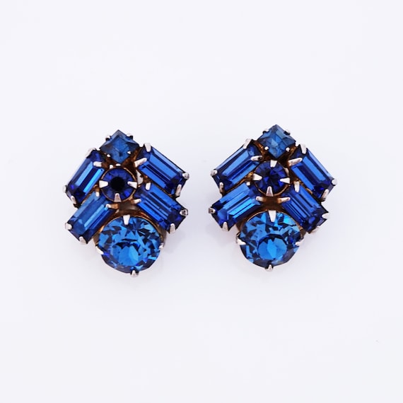 Cobalt Blue Rhinestone Earrings, 1960s - image 2