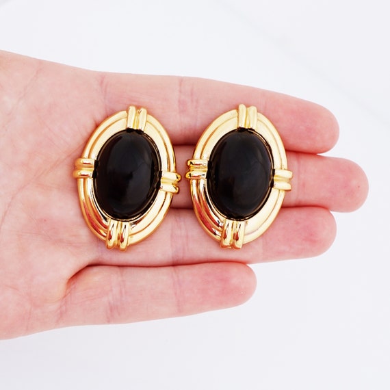 Oversized Gold and Black Cabochon Statement Earri… - image 8