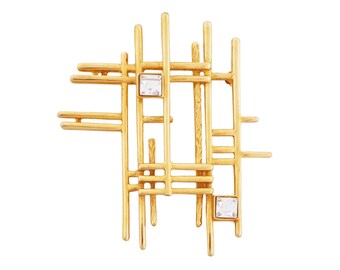 Gilded Modernist Sculptural Brooch With Crystal Accents, 1980s