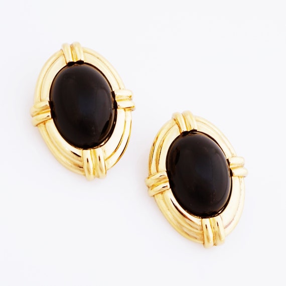 Oversized Gold and Black Cabochon Statement Earri… - image 3