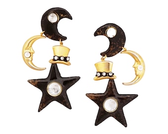 Black Moon and Stars Dangle Statement Pendientes, década de 1980