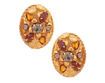 Gilded Etruscan Oval Earrings With Gray, Topaz & Amber Crystals, 1980s