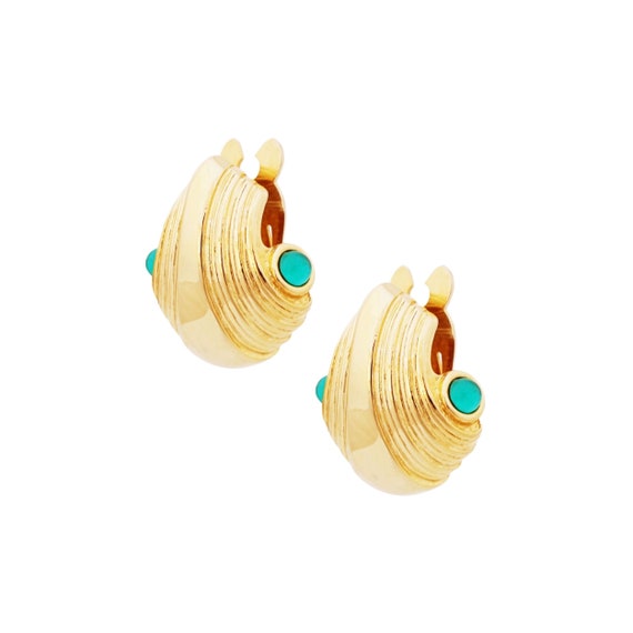 Gold Statement Earrings With Emerald Glass Caboch… - image 1