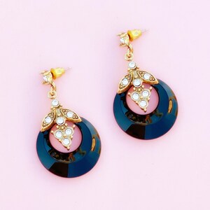 Vintage Faux Onyx Drop Earrings with Crystal Rhinestone Accents, 1980s