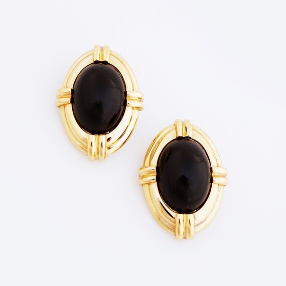 Oversized Gold and Black Cabochon Statement Earri… - image 2