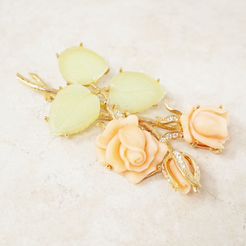 1990s Vintage Oversized Gilt Figural Roses Brooch with Faux Coral /& Jade by Nolan Miller