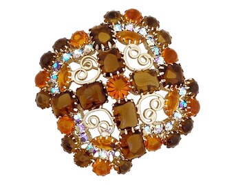 Topaz, Amber and Aurora Borealis Juliana Rhinestone Brooch With Heart Scrolls By DeLizza & Elster, 1960s