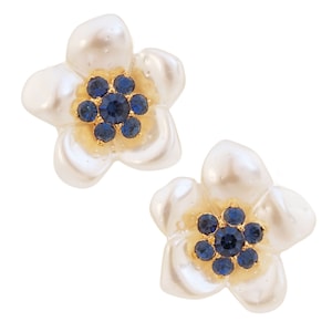 Faux Baroque Pearl Flower Earrings With Sapphire Crystals By Replica Italy, 1980s