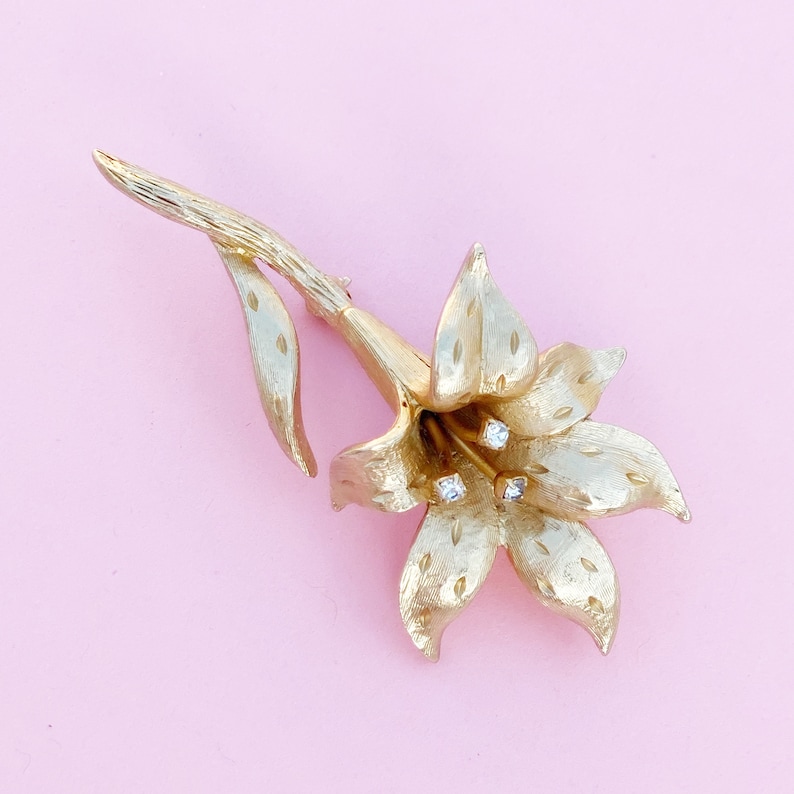 Vintage Gilded Lily Flower Figural Brooch with Crystal Rhinestones by Erwin Pearl 1990s
