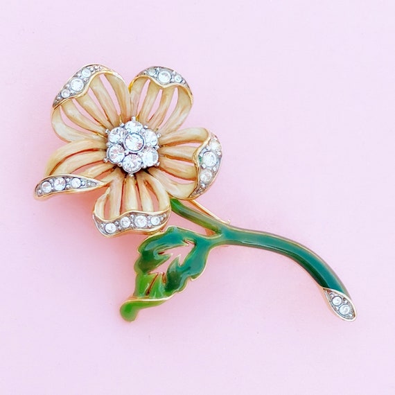 Vintage Enameled Peach Flower Figural Brooch with… - image 1