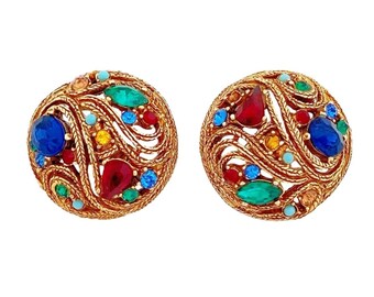 Boucles d’oreilles en filigrane tressé Jewel Tone Strass Dome par La Roca, années 1950