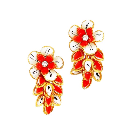 Neon Green Enamel Floral Climber Statement Earrin… - image 1