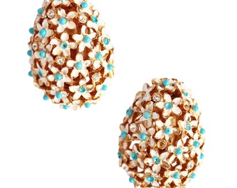 Witte en turquoise koepelvormige paaseibloemoorbellen, jaren 60