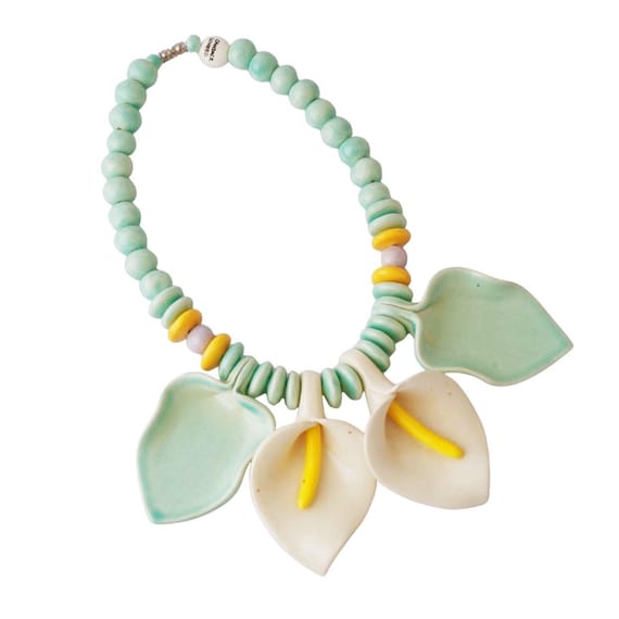 Oversized Calla Lily Ceramic Statement Necklace B… - image 1