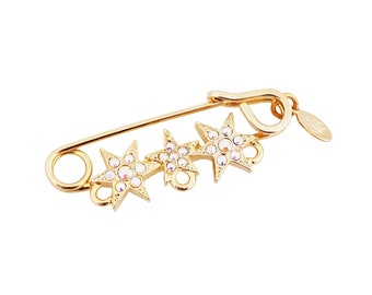 Aurora Borealis Rhinestone Star Safety Pin Brooch By Kirks Folly, 1990s