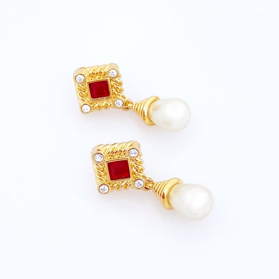Pearl Drop Earrings With Ruby Red Crystals By Swa… - image 2