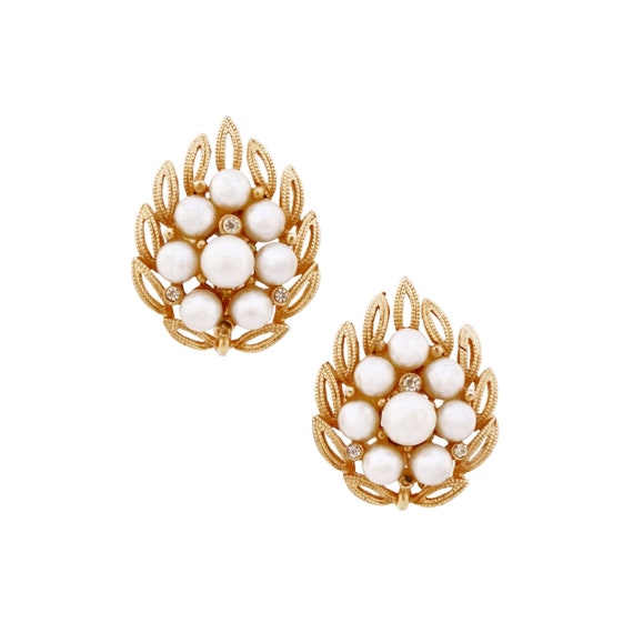 Gold Leaf and Pearl Cluster Earrings By Lisner, 1… - image 1