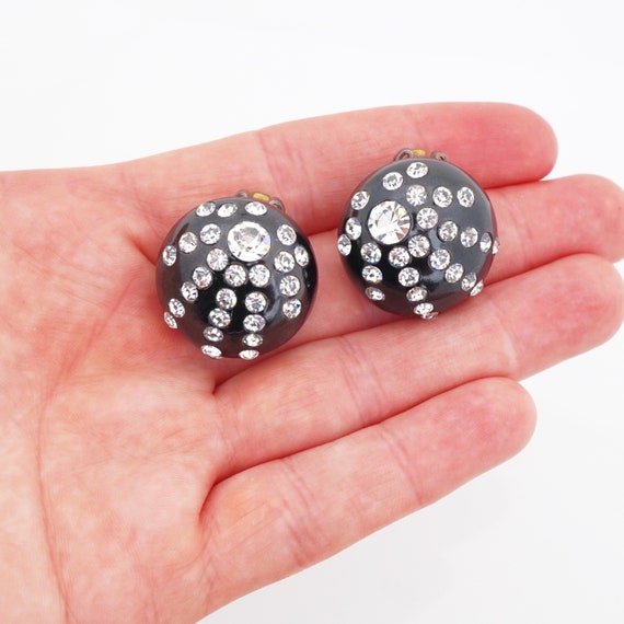 Black Bakelite Dome Earrings With Crystal Spray, … - image 6