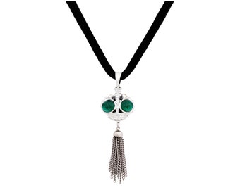 Zwarte fluwelen choker ketting met zilveren kroon en ketting kwastje charme hanger, jaren 1990