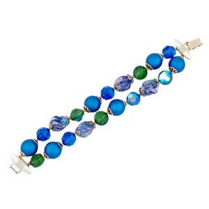 Blue Art Glass & Aurora Borealis Crystal Double Strand Beaded Bracelet By Vendome, 1960s