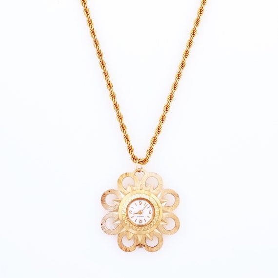 Mid Century Floral Watch Pendant Necklace By Cara… - image 4