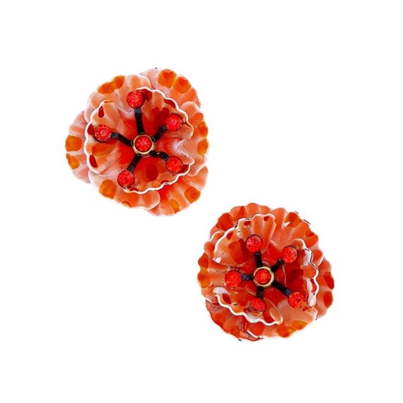 Tangerine Orange Enamel Flower Figural Earrings, … - image 1