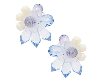 Faux Pearl and Baby Blue Bead Burst Statement Earrings, 1980s