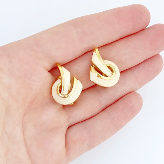 Gold & Cream Enamel Abstract Swirl Earrings By Mo… - image 5